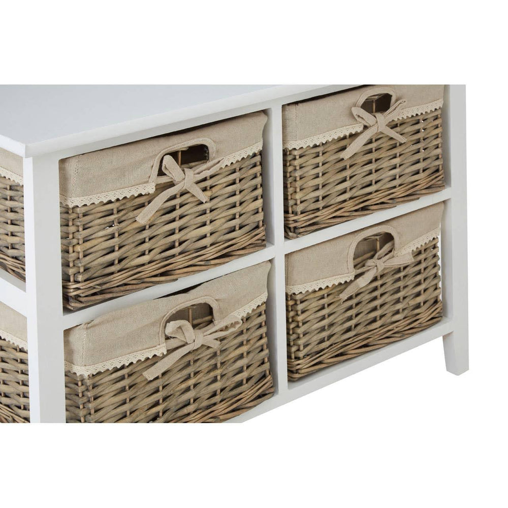 White storage unit with four wicker basket drawers and fabric linings with bows