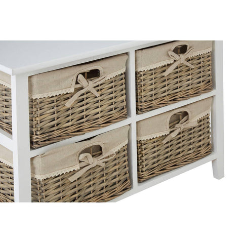 White storage unit with four wicker basket drawers and fabric linings with bows