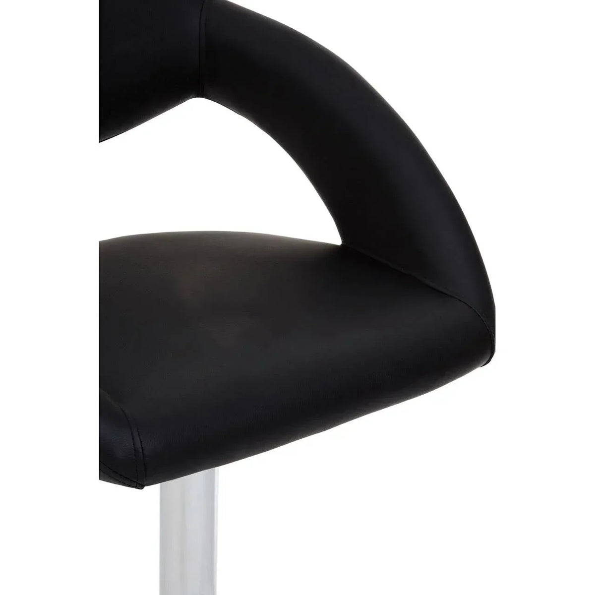Close up of black faux leather dining chair seat with curved backrest and chrome leg