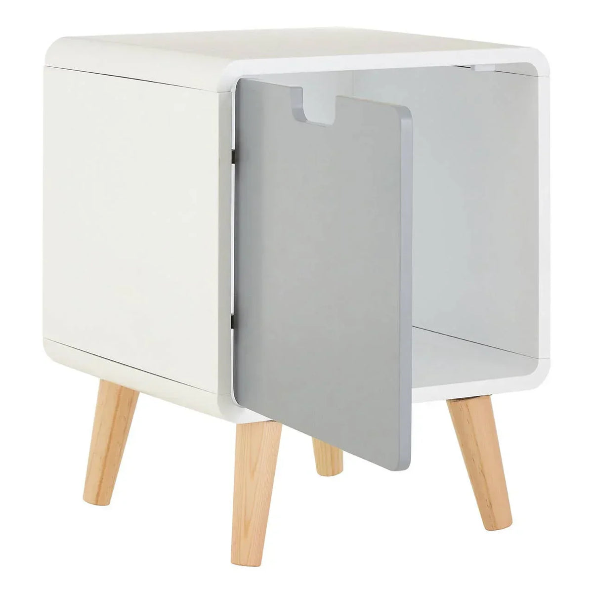 White bedside table with grey door and wooden legs, door open showing interior storage
