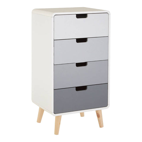 Milo Chest of 4 Drawers featuring a modern design with four drawers in a gradient of white to gray, complemented by wooden legs and simple black handles