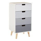 Milo Chest of 4 Drawers featuring a modern design with four drawers in a gradient of white to gray, complemented by wooden legs and simple black handles