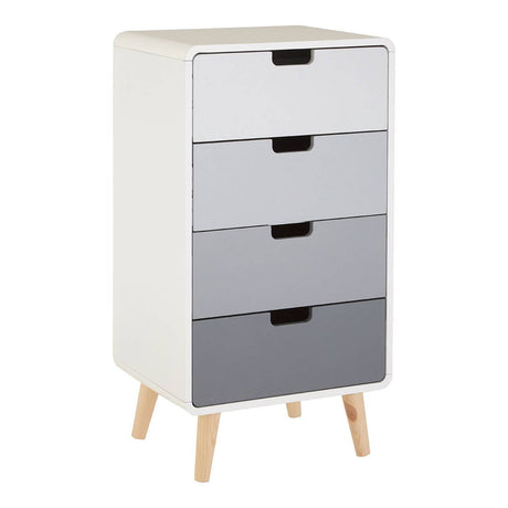 Milo Chest of 4 Drawers featuring a modern design with four drawers in a gradient of white to gray, complemented by wooden legs and simple black handles