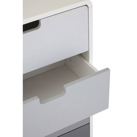 A close-up view of a Milo Chest of 4 Drawers, featuring a partially open white drawer with a sleek handleless design, showcasing the smooth interior and clean lines of the furniture