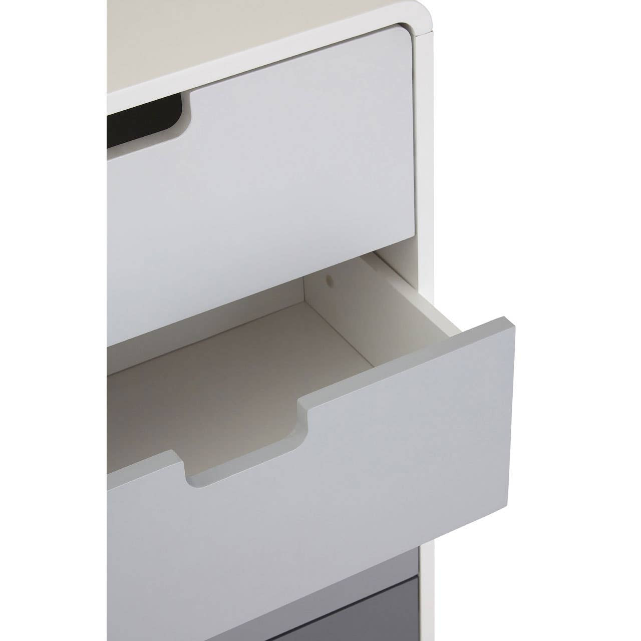 A close-up view of a Milo Chest of 4 Drawers, featuring a partially open white drawer with a sleek handleless design, showcasing the smooth interior and clean lines of the furniture