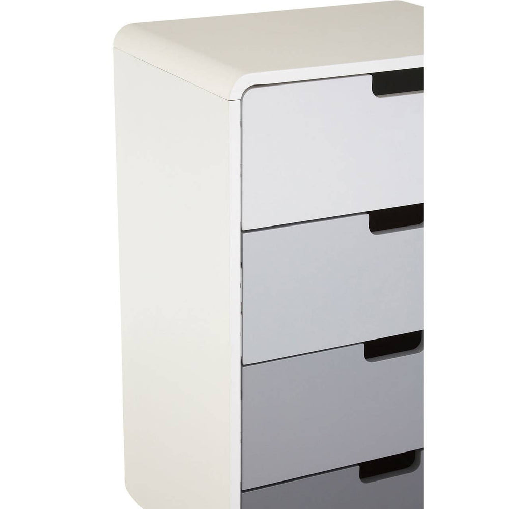 Milo Chest of 4 Drawers featuring a sleek design with a white frame and four drawers in varying shades of gray, each with a simple black handle for easy access. The chest has rounded edges and a modern aesthetic, suitable for contemporary home decor