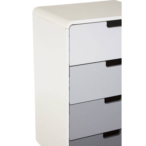 Milo Chest of 4 Drawers featuring a sleek design with a white frame and four drawers in varying shades of gray, each with a simple black handle for easy access. The chest has rounded edges and a modern aesthetic, suitable for contemporary home decor