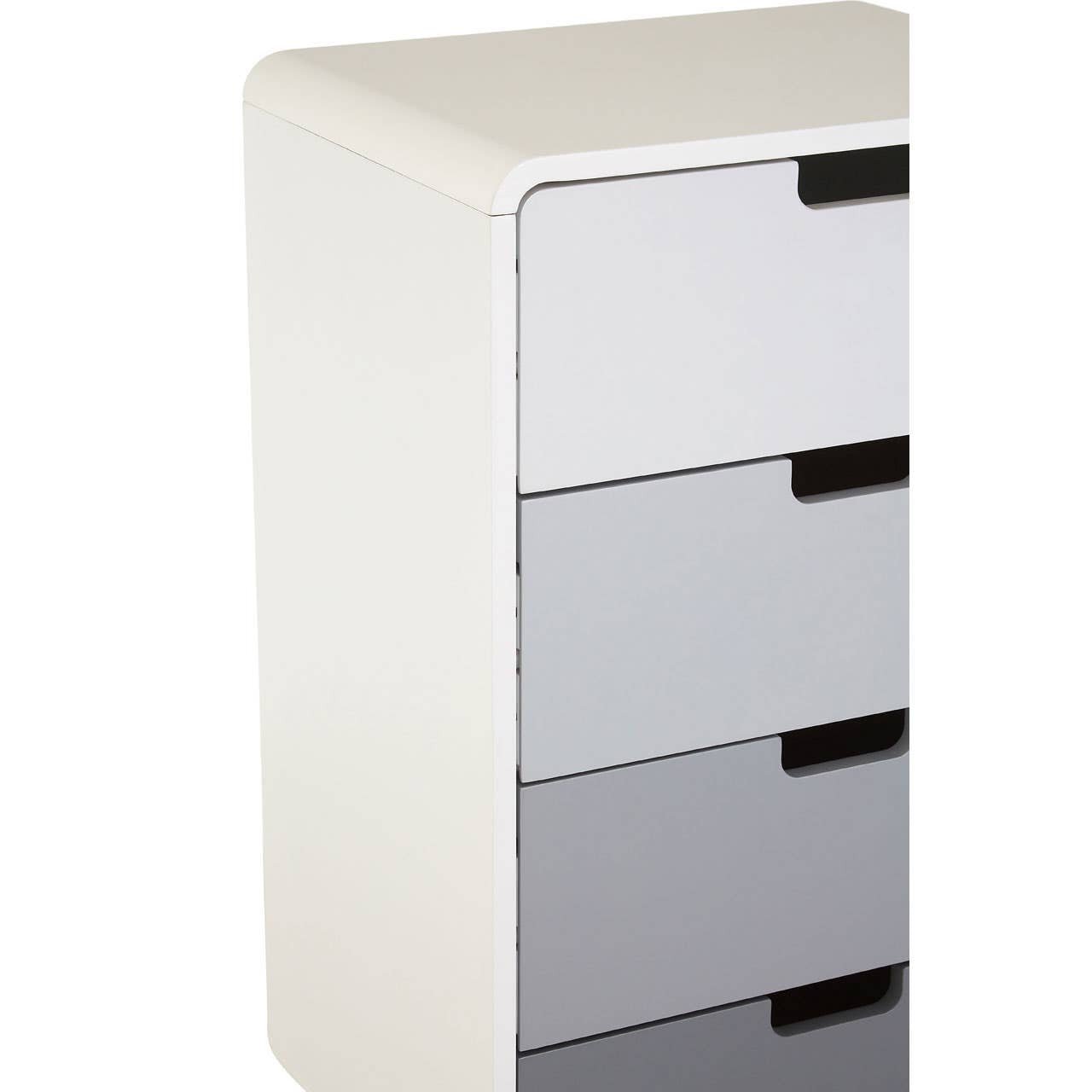 Milo Chest of 4 Drawers featuring a sleek design with a white frame and four drawers in varying shades of gray, each with a simple black handle for easy access. The chest has rounded edges and a modern aesthetic, suitable for contemporary home decor