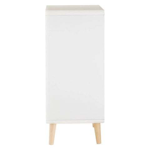 Tall, sleek chest of four drawers in a minimalist design, featuring a smooth white finish and natural wood legs. The top surface is flat and light-colored, complementing the overall modern aesthetic