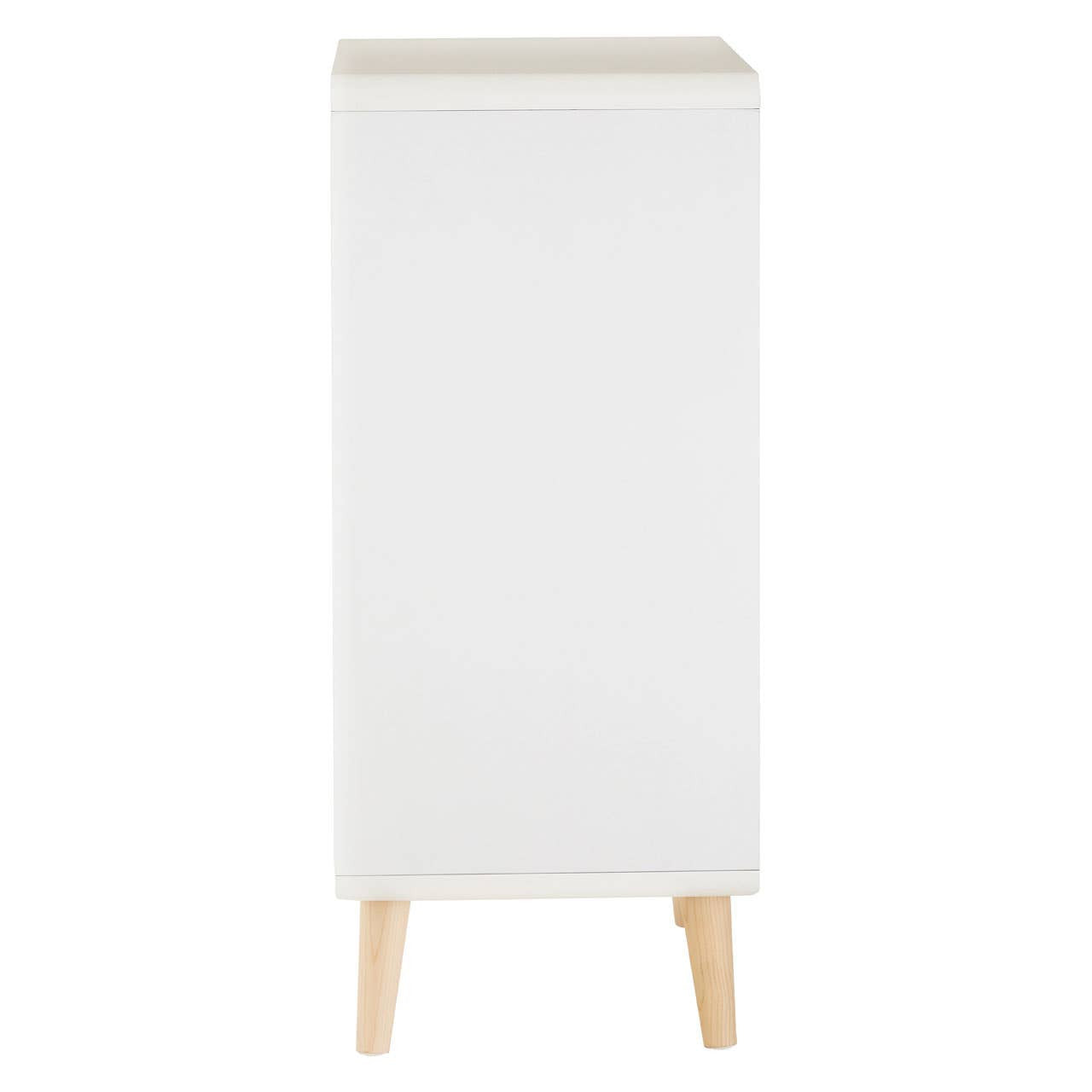 Tall, sleek chest of four drawers in a minimalist design, featuring a smooth white finish and natural wood legs. The top surface is flat and light-colored, complementing the overall modern aesthetic