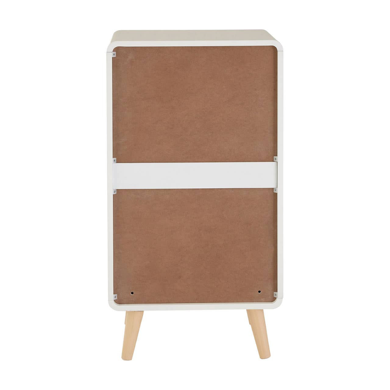 Milo Chest of 4 Drawers featuring a modern design with a light wood frame, two brown textured drawers on the top and two larger brown drawers below, all with a white horizontal accent in the middle, supported by tapered wooden legs