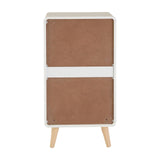 Milo Chest of 4 Drawers featuring a modern design with a light wood frame, two brown textured drawers on the top and two larger brown drawers below, all with a white horizontal accent in the middle, supported by tapered wooden legs