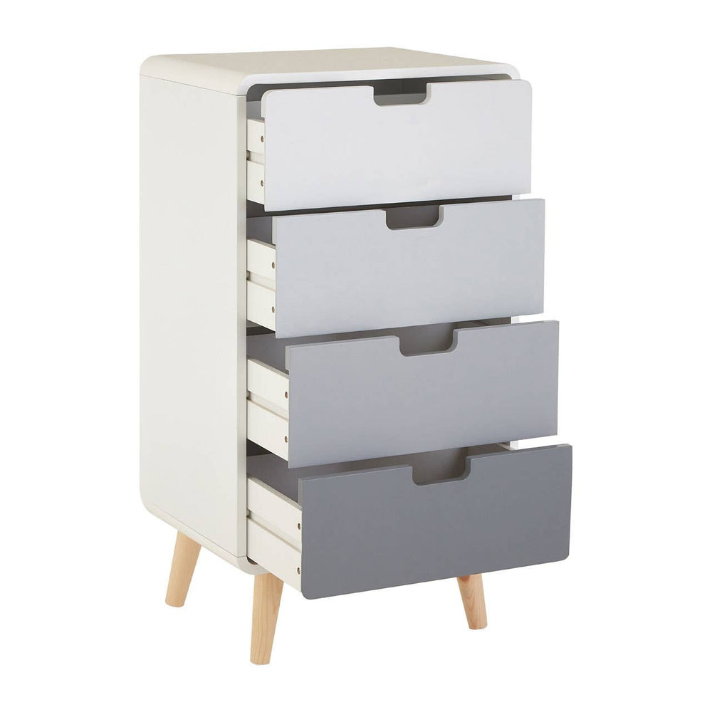 Milo Chest of 4 Drawers featuring a modern design with four drawers in varying shades of gray, a white body, and natural wood legs. The drawers are sleek and handleless, providing a minimalist aesthetic suitable for contemporary home decor
