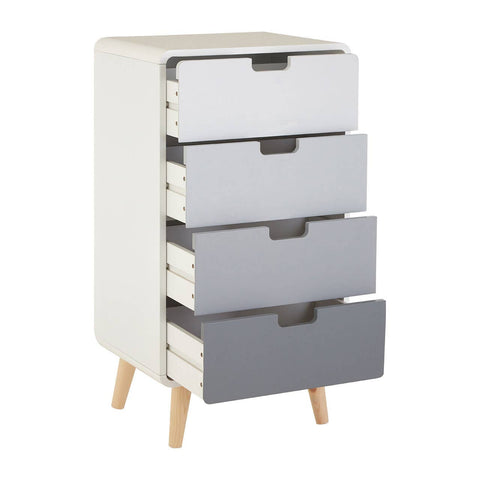 Milo Chest of 4 Drawers featuring a modern design with four drawers in varying shades of gray, a white body, and natural wood legs. The drawers are sleek and handleless, providing a minimalist aesthetic suitable for contemporary home decor