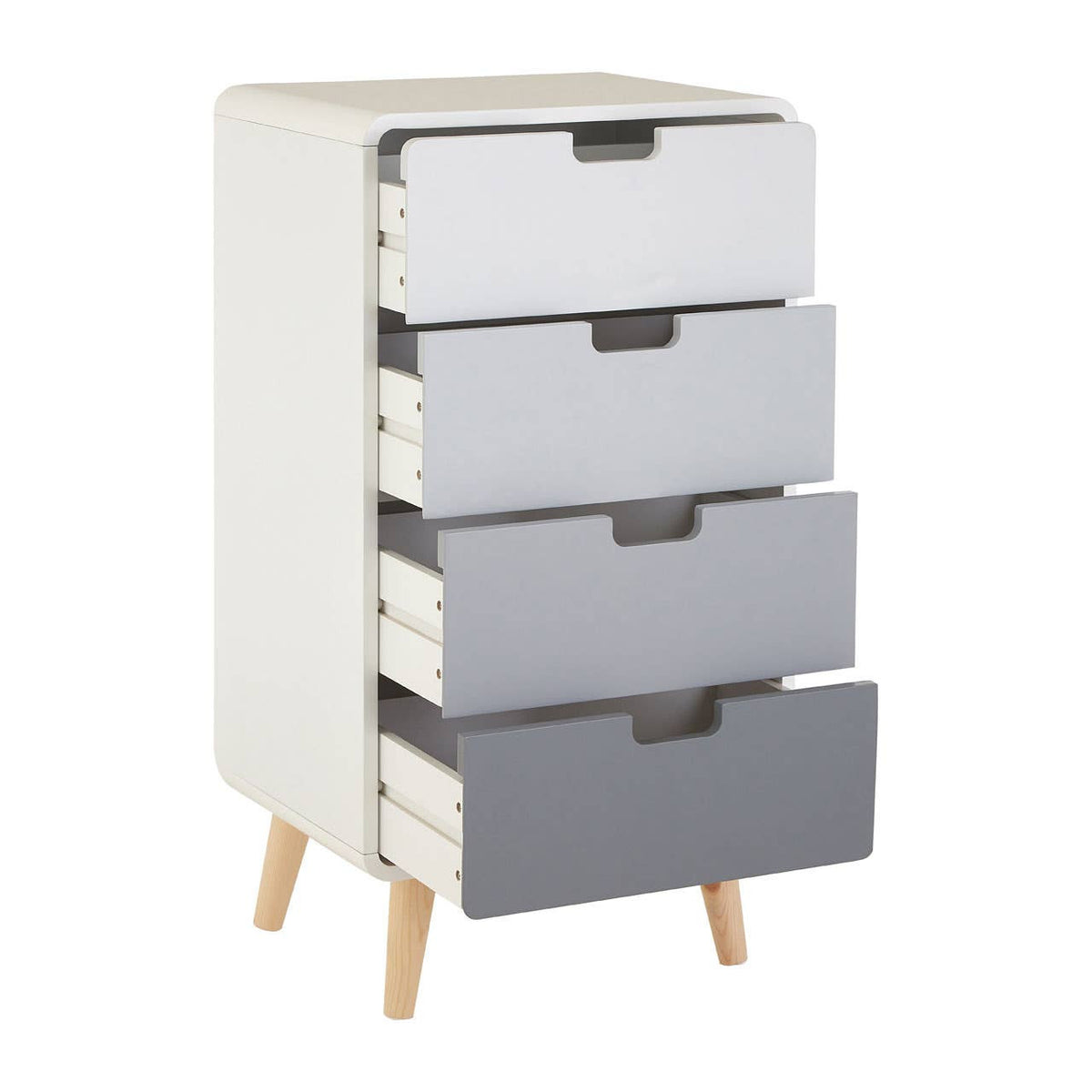 Milo Chest of 4 Drawers featuring a modern design with four drawers in varying shades of gray, a white body, and natural wood legs. The drawers are sleek and handleless, providing a minimalist aesthetic suitable for contemporary home decor
