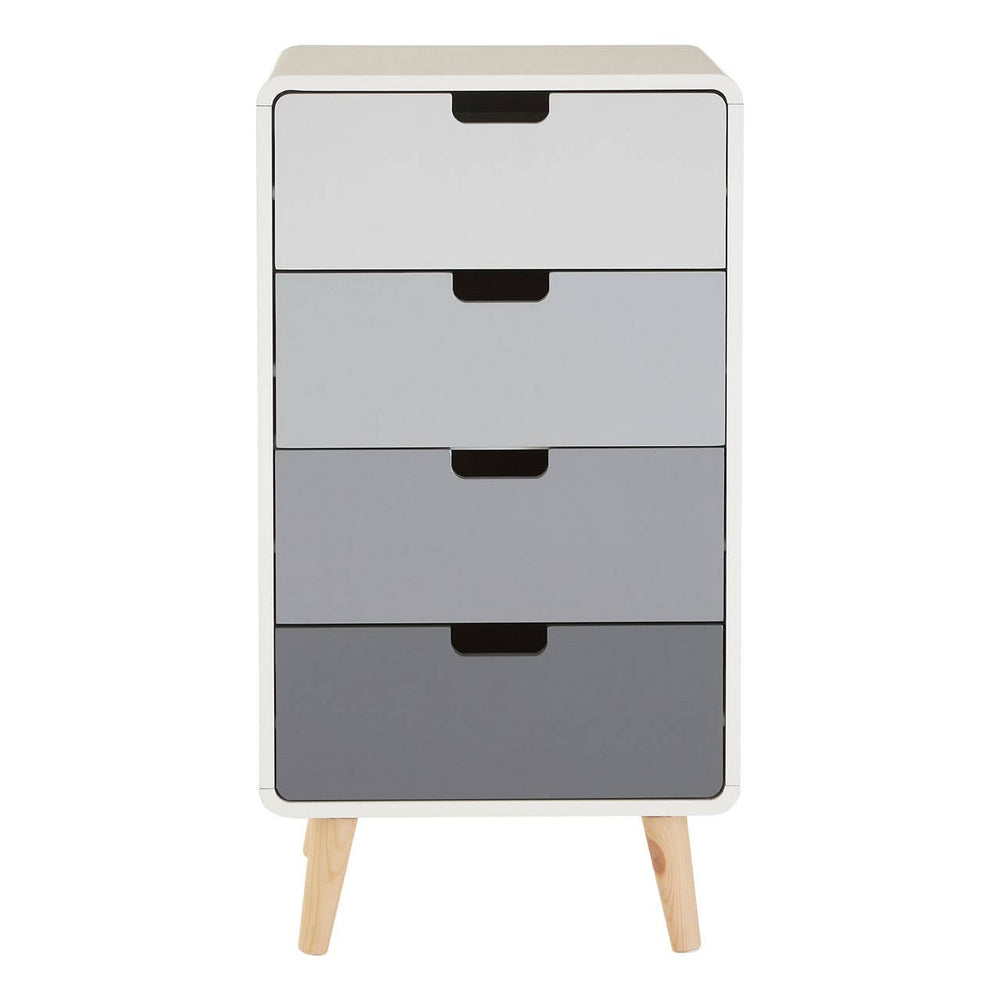 A tall chest of four drawers featuring a gradient design in shades of white, gray, and black, with simple black handles and wooden legs