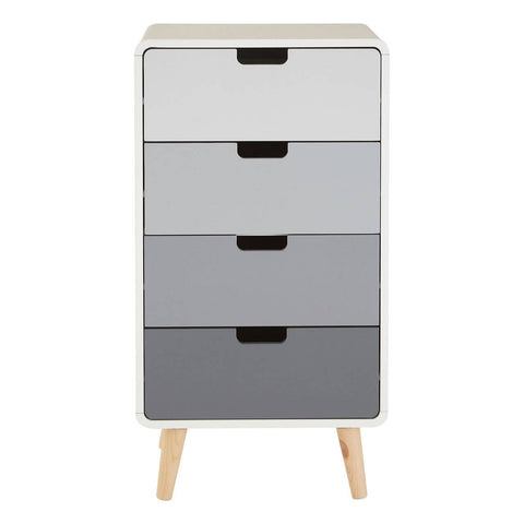 A tall chest of four drawers featuring a gradient design in shades of white, gray, and black, with simple black handles and wooden legs