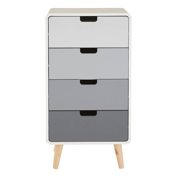 A tall chest of four drawers featuring a gradient design in shades of white, gray, and black, with simple black handles and wooden legs