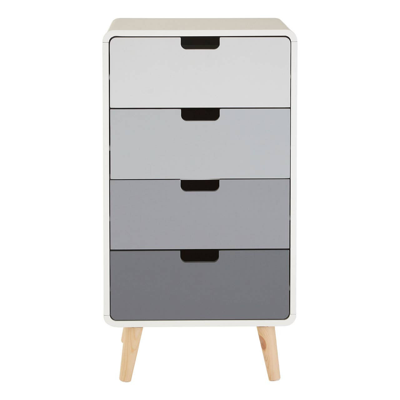 A tall chest of four drawers featuring a gradient design in shades of white, gray, and black, with simple black handles and wooden legs