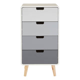 A tall chest of four drawers featuring a gradient design in shades of white, gray, and black, with simple black handles and wooden legs