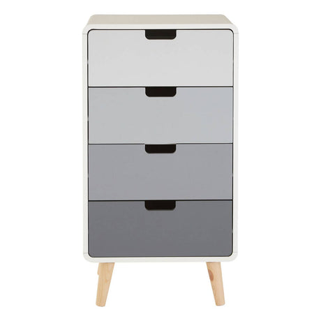 A tall chest of four drawers featuring a gradient design in shades of white, gray, and black, with simple black handles and wooden legs