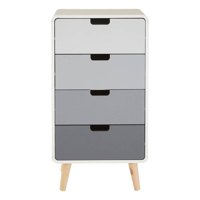 A tall chest of four drawers featuring a gradient design in shades of white, gray, and black, with simple black handles and wooden legs