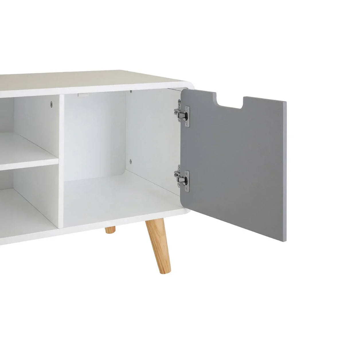 White storage cabinet with open grey door and wooden legs, showing internal shelves