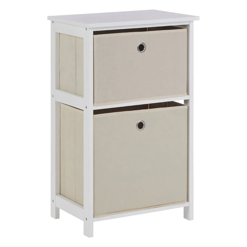 White storage unit with two beige fabric drawers and metal handle detail