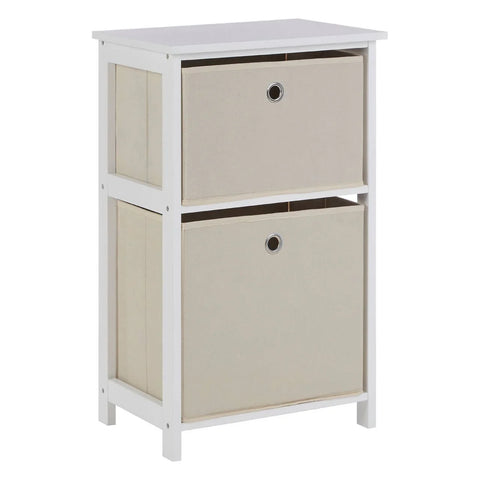 White storage unit with two beige fabric drawers and metal handle detail