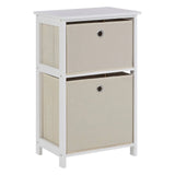 White storage unit with two beige fabric drawers and metal handle detail