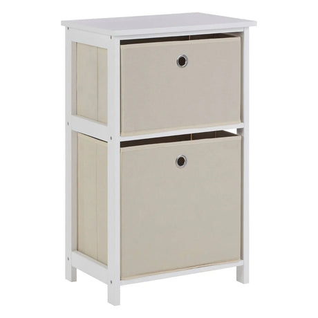 White storage unit with two beige fabric drawers and metal handle detail