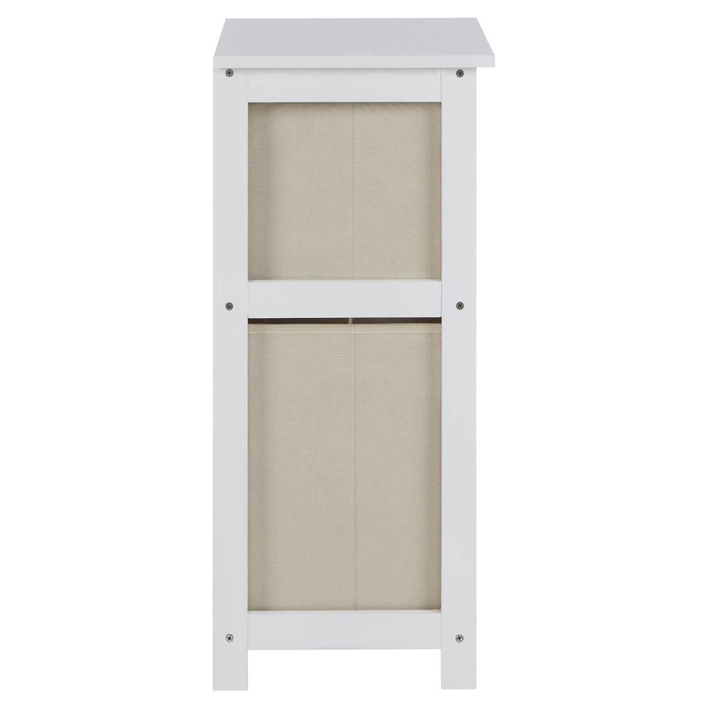 Rear view of white wooden storage unit with beige fabric backing panel