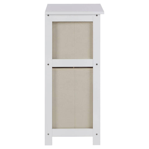 Rear view of white wooden storage unit with beige fabric backing panel