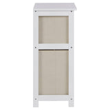 Rear view of white wooden storage unit with beige fabric backing panel