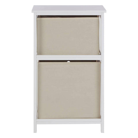White wooden storage unit with two beige fabric drawers, front view