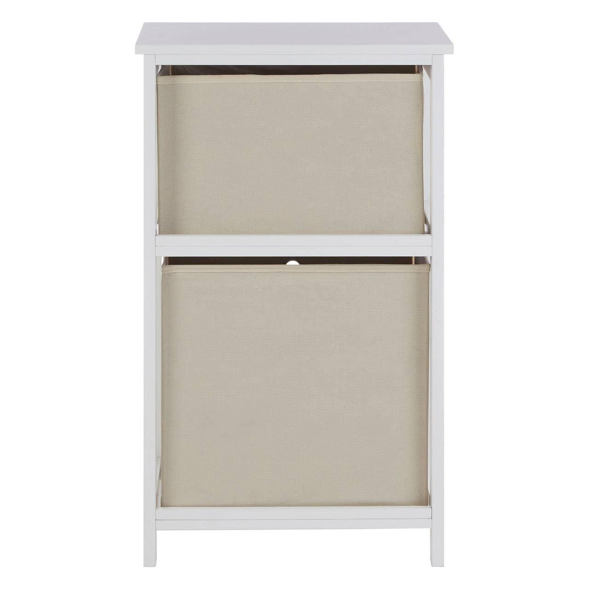 White wooden storage unit with two beige fabric drawers, front view