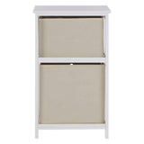 White wooden storage unit with two beige fabric drawers, front view
