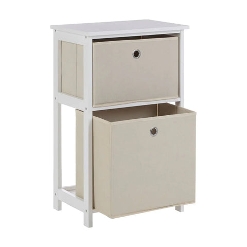 White wooden storage unit with two beige fabric drawers, front angle view