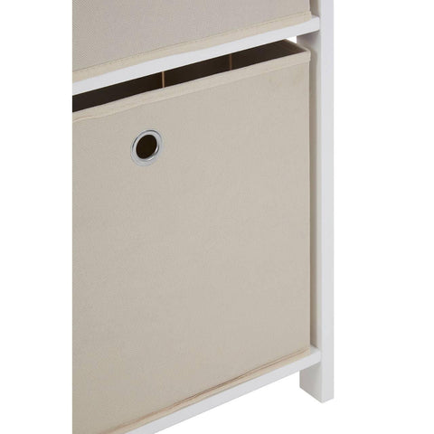 Beige fabric storage box with metal eyelet handle in white shelving unit
