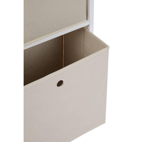 Beige fabric storage box with metal handle in white shelving unit