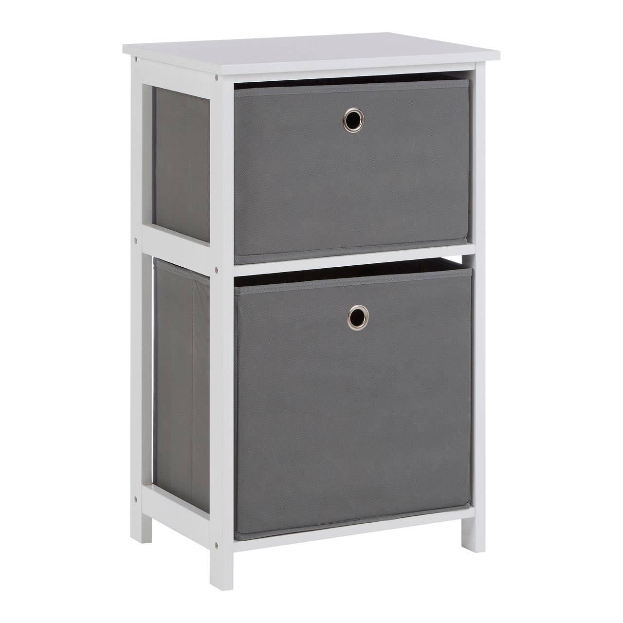 White wooden storage unit with two grey fabric drawers and metal grommet handles