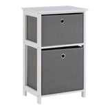 White wooden storage unit with two grey fabric drawers and metal grommet handles