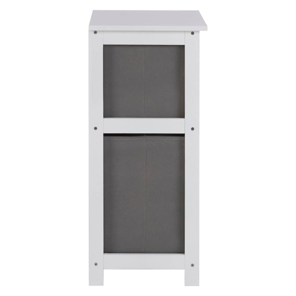 White wooden storage unit side view with grey fabric drawers