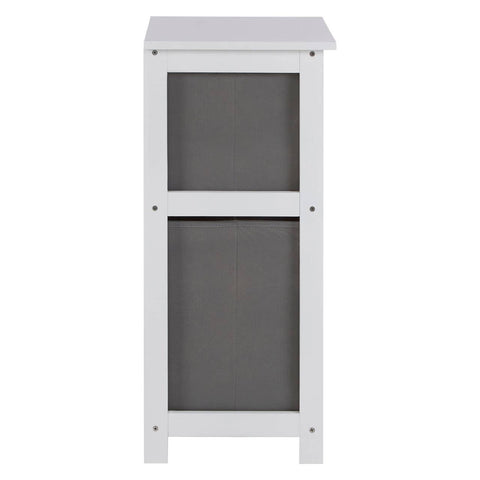 White wooden storage unit side view with grey fabric drawers