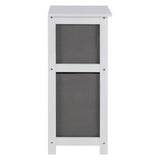 White wooden storage unit side view with grey fabric drawers