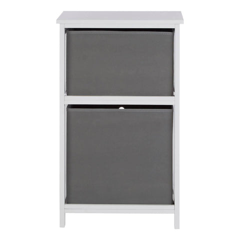 White storage unit with two grey fabric drawers, front view