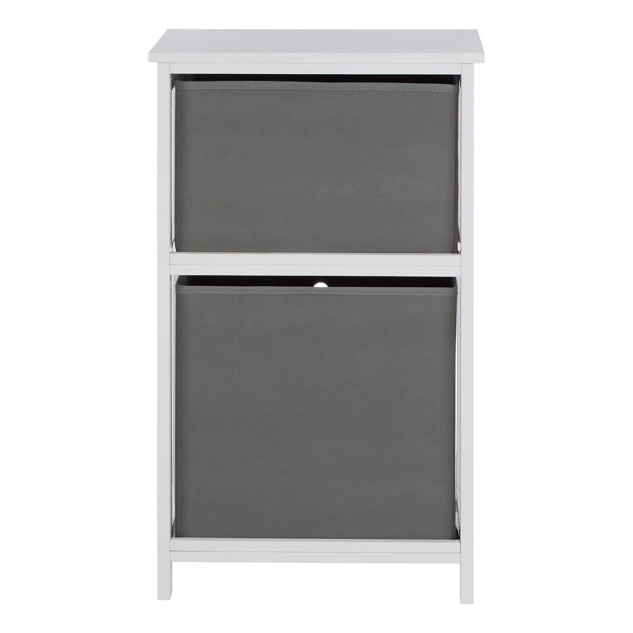 White storage unit with two grey fabric drawers, front view