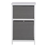 White storage unit with two grey fabric drawers, front view