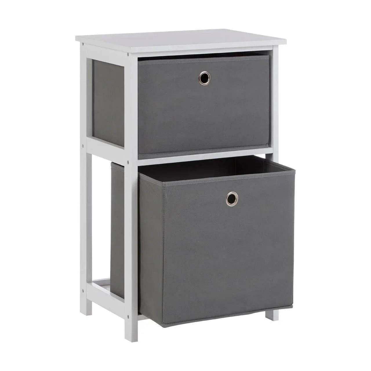 White wooden storage unit with two grey fabric drawers and metal grommet handles