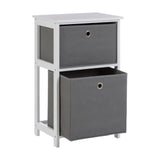 White wooden storage unit with two grey fabric drawers and metal grommet handles